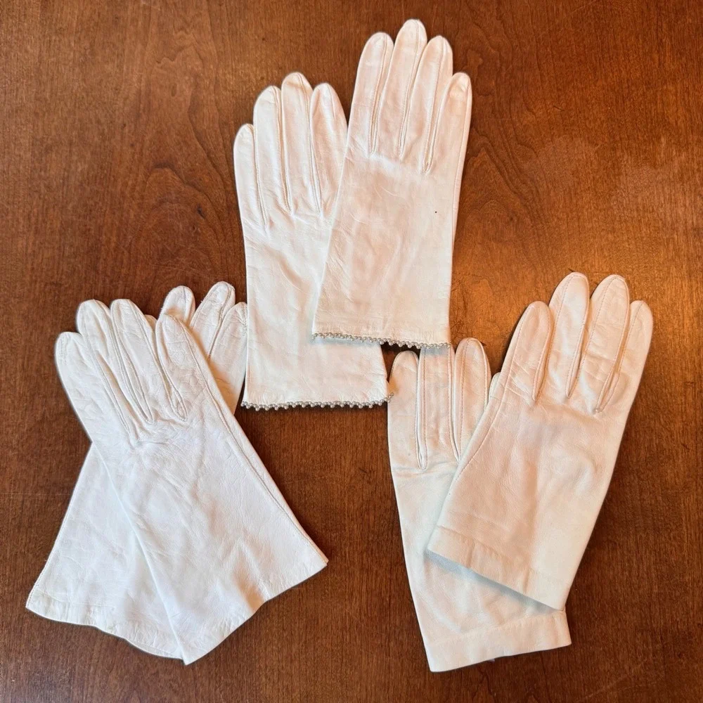 Lot of 3 VTG White Leather Gloves Women  SMALL ? Pearl Beaded Formal Wedding